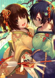 Rule 34 | 10s, 2girls, alternate costume, arrow (projectile), bird, blue hair, blurry, breast press, breasts, brown hair, chicken, chinese zodiac, depth of field, hair ornament, highres, hiryuu (kancolle), japanese clothes, joseph lee, kantai collection, kimono, large breasts, multiple girls, new year, short hair, souryuu (kancolle), symmetrical docking, twintails, year of the rooster