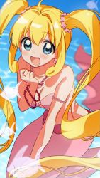 Rule 34 | 1girl, blonde hair, blue background, blue eyes, blush, bra, bracelet, breasts, commentary request, earrings, fins, fish, fish tail, hair ornament, highres, in water, jewelry, mermaid, mermaid melody pichi pichi pitch, monster girl, nanami lucia, necklace, ocean, open mouth, pearl bracelet, pearl necklace, pink bra, pink bracelet, shell, shell bikini, tail, twintails, underwear, yumesaki nana