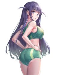 Rule 34 | 1girl, :/, armpit crease, ass, bare arms, bare shoulders, blunt bangs, breasts, buruma, closed mouth, commentary, cowboy shot, crop top, from behind, green buruma, green sports bra, hands on own hips, highres, light blush, long hair, looking at viewer, looking back, medium breasts, midriff, official alternate costume, purple eyes, purple hair, shoujo kageki revue starlight, shoujo kageki revue starlight -re live-, sidelocks, simple background, solo, sports bra, sportswear, standing, tori udon, track uniform, tsuyuzaki mahiru, two side up, very long hair, white background