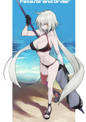 Rule 34 | 10mo, 1girl, ahoge, bare shoulders, beach, bikini, black bikini, black gloves, black jacket, blue sky, breasts, choker, cleavage, collarbone, cropped jacket, fate/grand order, fate (series), flag, full body, gloves, highres, jacket, jeanne d&#039;arc alter (swimsuit berserker) (fate), jeanne d&#039;arc (fate), jeanne d&#039;arc alter (fate), jeanne d&#039;arc alter (swimsuit berserker) (fate), large breasts, long hair, looking at viewer, navel, o-ring, o-ring bikini, ocean, polearm, red thighhighs, revision, sandals, shore, silver hair, single thighhigh, sky, solo, swimsuit, thigh strap, thighhighs, thighs, very long hair, weapon, yellow eyes