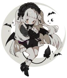 Rule 34 | 1girl, animal ears, bat (animal), bat wings, black bow, black bowtie, black eyes, black footwear, black garter, black hairband, black nails, black shorts, black tears, black wings, blunt bangs, blunt ends, blush stickers, boots, bow, bowtie, bridal garter, chibi, closed mouth, collar, collared shirt, commentary, commission, cow ears, cow tail, crescent moon, cross-laced footwear, cross-laced hairband, cross hair ornament, crying, crying with eyes open, english commentary, eyelashes, footwear bow, frilled shirt, frilled shirt collar, frilled sleeves, frills, grey shirt, hair bow, hair ornament, hairband, high heel boots, high heels, highres, lace-trimmed hairband, lace trim, light blush, light frown, littlebluemuffin, lolita hairband, long hair, long sleeves, moon, multiple hat bows, nail polish, original, own hands clasped, own hands together, shirt, shorts, sparkle, streaming tears, tail, tail bow, tail ornament, tears, thick eyebrows, two side up, vampire, very long hair, white background, white collar, white hair, wings