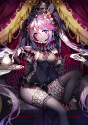 Rule 34 | 1girl, 6 yin, alternate costume, bare shoulders, black dress, black thighhighs, blue eyes, blush, breasts, closed mouth, crown, cup, detached sleeves, dress, dressing, facial mark, frills, gem, hair between eyes, hair ribbon, hand grab, head tilt, heart, heterochromia, high heels, highres, holding, holding cup, holding own hair, holding tray, iron saga, jewelry, knee up, long hair, looking at viewer, medium breasts, mini crown, multiple hands, multiple rings, nail polish, neck ruff, non-web source, open mouth, out of frame, pink hair, pinky out, purple gemstone, purple nails, putting on headwear, putting on jewelry, red eyes, ribbon, ring, serving, short dress, side slit, sideboob, sidelocks, sitting, slokai (iron saga), solo focus, spoon, sugar cube, tea, teacup, teapot, thighhighs, thighs, too many, too many frills, tray, tsurime, twintails, very long hair