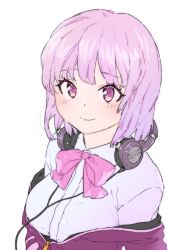 Rule 34 | 10s, 1girl, bad id, bad pixiv id, blush, bow, breasts, closed mouth, collared shirt, commentary request, cpqm, gridman universe, headphones, headphones around neck, highres, jacket, medium breasts, off shoulder, partially unzipped, pink bow, pink hair, purple eyes, purple jacket, school uniform, shinjou akane, shirt, simple background, smile, solo, ssss.gridman, upper body, white background, white shirt