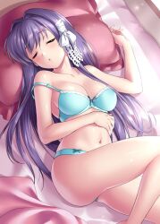 Rule 34 | 1girl, aqua bra, aqua panties, bare arms, bare shoulders, blush, bra, breasts, clannad, cleavage, closed eyes, collarbone, commentary request, commission, curvy, day, eyelashes, fujibayashi kyou, hair between eyes, hair intakes, hair ribbon, hair spread out, hand on own stomach, hand up, head on pillow, head tilt, indoors, knee up, large breasts, lips, long hair, lying, navel, off shoulder, on back, on bed, panties, parted lips, purple hair, ribbon, sample watermark, shiny skin, sidelighting, sidelocks, skeb commission, sleeping, solo, stomach, straight hair, strap slip, thighs, underwear, underwear only, very long hair, watermark, white ribbon, zen (kamuro)