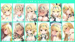Rule 34 | 1girl, bare shoulders, blonde hair, breasts, chest jewel, cleavage, cleavage cutout, clothing cutout, collage, creatures (company), crossover, daive, dress, elbow gloves, game freak, gen 1 pokemon, gloves, highres, large breasts, long hair, mythra (xenoblade), nintendo, pikachu, pokemon, pokemon (creature), short dress, swept bangs, tiara, very long hair, white dress, white gloves, xenoblade chronicles (series), xenoblade chronicles 2, yellow eyes