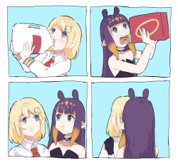 Rule 34 | 2girls, 4koma, anrepoi, black gloves, blonde hair, blue background, blue eyes, blunt bangs, bob cut, bottle, box, cereal, cereal box, comic, commentary, drinking, eating, english commentary, food in mouth, gloves, gradient hair, hair ornament, hand on another&#039;s shoulder, hands up, highres, holding, holding bottle, holding box, hololive, hololive english, kiss, long hair, long sleeves, looking at another, milk, milk bottle, mole, mole under eye, multicolored hair, multiple girls, necktie, ninomae ina&#039;nis, orange hair, pointy ears, purple hair, red necktie, shirt, sidelocks, simple background, tentacle hair, upper body, v-shaped eyebrows, very long hair, virtual youtuber, watson amelia, white shirt, wing collar, yuri