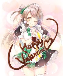 Rule 34 | 10s, 1girl, ;q, apron, bird, blush, bow, brown hair, double bun, dress, hair bow, hair ribbon, happy valentine, heart, highres, jewelry, long hair, love live!, love live! school idol project, maid, maid apron, maid headdress, minami kotori, minami kotori (bird), miwabe sakura, one eye closed, pastry bag, ribbon, side ponytail, smile, solo, thighhighs, tongue, tongue out, tori, valentine, wink, yellow eyes