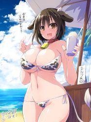 Rule 34 | 1girl, animal ears, animal print, artist name, beach, bell, bikini, black hair, blue sky, breasts, brown hair, character request, cleavage, cloud, collar, commentary request, copyright request, cow ears, cow horns, cow print, cow tail, cowbell, cup, dated, day, drinking straw, food, food stand, highres, holding, holding cup, horns, large breasts, medium hair, navel, neck bell, ocean, open mouth, parasol, shaved ice, side-tie bikini bottom, signature, sky, solo, standing, swimsuit, tail, translated, umbrella, underboob, water, white bikini, yoshikawa hideaki