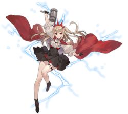 Rule 34 | 1girl, ark order, black footwear, black gloves, black skirt, blonde hair, boots, cape, crown, electricity, full body, gloves, half gloves, hammer, holding, holding hammer, long sleeves, mjolnir (mythology), official art, pantyhose, puffy long sleeves, puffy sleeves, red cape, red eyes, ribbon, shi-chen, skirt, solo, tachi-e, thighband pantyhose, thor (ark order), transparent background, two side up, white skirt
