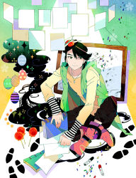 Rule 34 | 1boy, bad id, bad pixiv id, balloon, black hair, book, boots, candy apple, confetti, cosplay, food, footprints, funpjinju, green eyes, hood, jewelry, kamen rider, kamen rider double, kamen rider double (cosplay), kamen rider w, legs folded, long sleeves, looking to the side, male focus, marker, mask, necklace, pants, paper, philip, philip (kamen rider), sitting, sleeves past wrists, smile, solo, sparkle, swept bangs, vest