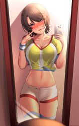 Rule 34 | 1girl, absurdres, aqua eyes, blue eyes, blush, breasts, brown hair, cellphone, cleavage, collarbone, cowboy shot, cropped shirt, full-face blush, half-closed eyes, hands up, head tilt, highres, hololive, huusri, large breasts, linea alba, midriff, mirror, navel, oozora subaru, oozora subaru (1st costume), open fly, phone, pointing, pointing at self, scoop neck, selfie, shirt, short hair, short shorts, shorts, smartphone, solo, striped clothes, striped shirt, sweatband, swept bangs, t-shirt, taut clothes, taut shirt, thigh gap, thighhighs, tied shirt, tongue, tongue out, v-neck, vertical-striped clothes, vertical-striped shirt, virtual youtuber, white shorts, wristband