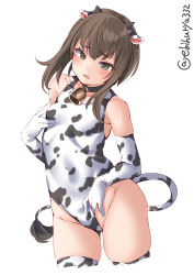 Rule 34 | 1girl, 2021, alternate costume, animal ears, animal print, bell, breasts, brown eyes, brown hair, collar, cow ears, cow girl, cow horns, cow print, cow tail, cowboy shot, ebifurya, elbow gloves, fake horns, fake tail, gloves, hair between eyes, highres, horns, kantai collection, leotard, looking at viewer, neck bell, one-hour drawing challenge, simple background, small breasts, solo, taihou (kancolle), tail, thighhighs, twitter username, white background, white gloves, white leotard, white thighhighs