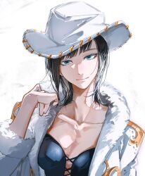 Rule 34 | 1girl, 2 blankk, black hair, black shirt, blue eyes, blunt bangs, coat, commentary, cowboy hat, cross-laced clothes, cross-laced top, english commentary, fur coat, fur collar, fur trim, hat, highres, looking to the side, medium hair, nico robin, nico robin (alabasta), one piece, shirt, simple background, smile, solo, upper body, white background, white coat, white hat