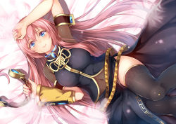 Rule 34 | 1girl, arm up, bed sheet, bit (keikou syrup), black skirt, black thighhighs, black vest, blue eyes, blush, breasts, closed mouth, covered navel, detached sleeves, female focus, from above, hair between eyes, large breasts, lips, long hair, long skirt, lying, megurine luka, nail polish, on back, pink hair, pink nails, short sleeves, side slit, single detached sleeve, skirt, smile, solo, tareme, thighhighs, vest, vocaloid
