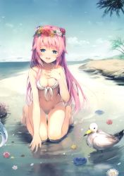 Rule 34 | 1girl, absurdres, animal, bare shoulders, beach, bikini, bird, blue eyes, breasts, cleavage, cloud, cloudy sky, day, flower, full body, hand on own chest, head wreath, highres, kneeling, koto-channel, kotoha (koto channel), long hair, looking at viewer, medium breasts, navel, ocean, open mouth, outdoors, palm leaf, palm tree, petals, pink hair, reflection, reflective water, scan, seagull, senji (tegone spike), sky, solo, stomach, swimsuit, tree, water, white bikini