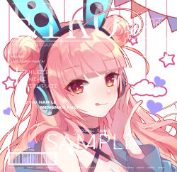 Rule 34 | 1girl, :q, akira (ying), animal ear headphones, animal ears, bare shoulders, black choker, blue jacket, blush, choker, closed mouth, copyright request, cover, cover page, criss-cross halter, double bun, fake animal ears, hair bun, halterneck, hand up, headphones, highres, jacket, long hair, long sleeves, looking at viewer, off shoulder, pennant, pink hair, puffy long sleeves, puffy sleeves, rabbit ear headphones, rabbit ears, red eyes, sample watermark, simple background, smile, solo, string of flags, tongue, tongue out, translation request, upper body, watermark, white background