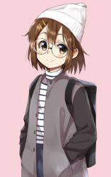 Rule 34 | 1girl, alternate costume, backpack, bag, bespectacled, brown eyes, brown hair, coat, commentary request, cowboy shot, glasses, grey coat, hair ornament, hairclip, hirasawa yui, k-on!, looking at viewer, masamuuu, pink background, shirt, short hair, simple background, smile, solo, standing, striped clothes, striped shirt, white headwear