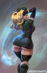 Rule 34 | 1girl, arms up, artist name, ass, black thighhighs, blonde hair, blue eyes, boots, breasts, curvy, cutesexyrobutts, female focus, gloves, highres, huge ass, kolin, large breasts, long hair, looking at viewer, looking back, skindentation, solo, street fighter, street fighter v, thick thighs, thighhighs, thighs, tumblr username