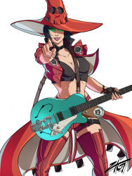 Rule 34 | 1girl, absurdres, arc system works, black hair, boots, electric guitar, fighting game, fingerless gloves, gloves, green-tinted eyewear, guilty gear, guilty gear strive, guitar, hat, heterochromia, highres, i-no, instrument, jacket, midriff, pointing, pointing at viewer, red hat, red jacket, red lips, shiny clothes, shiny legwear, short hair, simple background, solo, sunglasses, thigh boots, thighhighs, tinted eyewear, venus symbol, very short hair, white background, witch hat