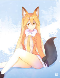 Rule 34 | 10s, 1girl, ancolatte (onikuanco), animal ears, black gloves, blonde hair, bow, bowtie, ezo red fox (kemono friends), fox ears, fox tail, fur trim, gloves, gradient legwear, hair between eyes, highres, jacket, kemono friends, loafers, long hair, long sleeves, looking at viewer, multicolored clothes, multicolored legwear, necktie, no bra, open clothes, open jacket, open shirt, pantyhose, pleated skirt, shirt, shoes, sitting, skirt, solo, tail, yellow necktie
