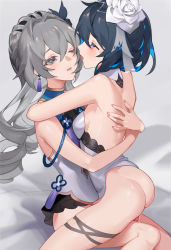 Rule 34 | 2girls, absurdres, ass, blue hair, blush, breasts, bronya zaychik, bronya zaychik (haxxor bunny), china dress, chinese clothes, dildo, dress, earrings, flower, grey background, grey eyes, grey hair, hair between eyes, hair flower, hair ornament, highres, honkai (series), honkai impact 3rd, hug, jewelry, long hair, mie xing, multiple girls, object insertion, one eye closed, open mouth, pussy juice, seele vollerei, seele vollerei (stygian nymph), sex toy, short hair, sitting, straddling, tearing up, upright straddle, yuri