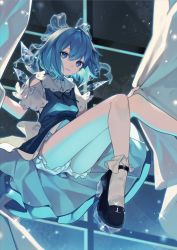 Rule 34 | 1girl, bloomers, blue bow, blue dress, blue eyes, blue hair, bow, cirno, closed mouth, clothing cutout, collared dress, commentary, curtains, daimaou ruaeru, dress, foot out of frame, hair bow, highres, ice, ice wings, looking at viewer, medium hair, red footwear, shoes, short sleeves, shoulder cutout, socks, solo, sparkle, touhou, underwear, white socks, window, wings