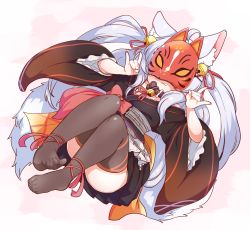 Rule 34 | 1girl, :3, \n/, ahoge, animal ear fluff, animal ears, babalilo, bell, belt collar, black thighhighs, collar, double fox shadow puppet, fang, fox mask, fox shadow puppet, hair bell, hair ornament, highres, indie virtual youtuber, japanese clothes, kamiko kana, long hair, mask, neck bell, silver hair, simple background, solo, tail, thighhighs, twintails, virtual youtuber