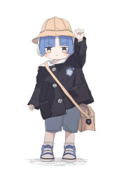 Rule 34 | 1girl, absurdres, aged down, black jacket, blue footwear, blue hair, blue shorts, blush stickers, bocchi the rock!, brown bag, clenched hand, dorarin, frown, full body, hat, headphones, highres, jacket, raised fist, short hair, shorts, simple background, white background, yamada ryo, yellow eyes