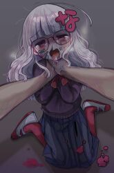 Rule 34 | 1girl, ahoge, artist self-insert, asphyxiation, bags under eyes, blood, blood from mouth, blood splatter, blue skirt, blunt bangs, bruise, bruise on face, commentary request, crying, crying with eyes open, drooling, full body, furrowed brow, gauze on cheek, glasses, grey background, grey hair, half-closed eyes, head tilt, highres, injury, long hair, long sleeves, looking at viewer, messy hair, nosebleed, original, pantyhose, pleated skirt, pov, pov hands, purple sweater, red eyes, red pantyhose, ryona, shadow, shoes, sidelocks, sitting, skirt, snot, solo focus, strangling, sweater, tears, text hair ornament, uwabaki, wariza, wavy hair, yasashii naizou, yasashii naizou-chan