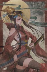 Rule 34 | 1girl, blue eyes, brown hair, commentary, crossover, english commentary, engrish commentary, highres, holding, holding sword, holding weapon, japanese clothes, jinguang budaixi, kimono, long hair, looking down, nail polish, personification, red nails, sheath, sheathed, sidelocks, solo, sword, transformers, weapon, windblade, zoner