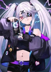 Rule 34 | 1girl, :q, bare shoulders, belt, black choker, black jacket, black shirt, black shorts, choker, crop top, dive to zone, energy drink, eyepatch, hair ornament, hairclip, headphones, headphones around neck, holding, jacket, long hair, long sleeves, looking at viewer, midriff, navel, navel piercing, off shoulder, open clothes, open jacket, piercing, power symbol, power symbol-shaped pupils, red eyes, shirt, shorts, shugao, sleeveless, sleeveless shirt, solo, symbol-shaped pupils, tongue, tongue out, twintails, very long hair, white hair