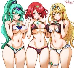 Rule 34 | 3girls, alternate costume, artist name, bikini, blonde hair, breasts, cleavage, dated, earrings, green eyes, green hair, jewelry, large breasts, long hair, looking at viewer, medium breasts, mina cream, multiple girls, mythra (xenoblade), narrow waist, pneuma (xenoblade), ponytail, pyra (xenoblade), red bikini, red eyes, red hair, revision, short hair, smile, swimsuit, underboob, white background, xenoblade chronicles (series), xenoblade chronicles 2, yellow eyes