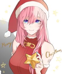 Rule 34 | 1girl, arm tattoo, bare shoulders, blue eyes, christmas ornaments, commentary, detached sleeves, fur-trimmed headwear, fur-trimmed shirt, fur-trimmed sleeves, fur trim, hat, holding, holding star, long hair, looking at viewer, megurine luka, merry christmas, moa0291, pink hair, pom pom (clothes), red hat, red shirt, red sleeves, santa costume, santa hat, shadow, shirt, sleeveless, sleeveless shirt, smile, solo, star (symbol), star ornament, tattoo, upper body, vocaloid
