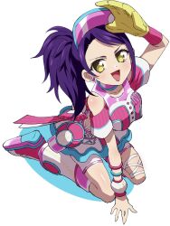 Rule 34 | 1girl, :d, arm support, arm up, bare shoulders, baseball glove, baseball uniform, bracelet, commentary request, detached sleeves, edamame (buruburu), full body, hand up, highres, idol clothes, idol time pripara, jewelry, long hair, looking at viewer, open mouth, pink footwear, pink shirt, pink skirt, pretty series, pripara, purple hair, seiza, shirt, shoe soles, side ponytail, sitting, skirt, smile, solo, sportswear, toudou shion, visor cap, white background, yellow eyes