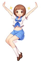 Rule 34 | 10s, 1girl, :d, arms up, bad id, bad pixiv id, blue skirt, blush, brown eyes, brown hair, byulzzi, crop top, crop top overhang, full body, highres, kill la kill, loafers, looking at viewer, mankanshoku mako, midriff, navel, open mouth, outstretched arms, round teeth, school uniform, shirt, shoes, short hair, short sleeves, skirt, smile, socks, solo, teeth, white background, white shirt