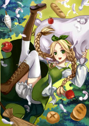 Rule 34 | 1girl, :d, apple, apron, blonde hair, bloomers, blush, boots, braid, bread, broom, brown footwear, feathers, food, freckles, fruit, green eyes, green hairband, hairband, highres, idoko, long sleeves, looking at viewer, maerchen (album), monogo, open mouth, smile, solo, sound horizon, spindle, thighhighs, tree, twin braids, underwear, upskirt, white feathers, white thighhighs