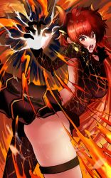 Rule 34 | 1girl, absurdres, akechi (akechi 5416), black gloves, breasts, dola (nijisanji), dragon girl, dragon horns, dragon tail, fangs, fire, gloves, hair behind ear, highres, horns, long hair, medium breasts, nijisanji, partially fingerless gloves, red eyes, red hair, skindentation, solo, tail, thigh strap, very long hair, virtual youtuber