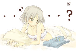 Rule 34 | 00s, 1girl, ?, bed, blush, bra, clothes, female focus, green eyes, hanyu, lingerie, lying, military, military uniform, on stomach, pantyhose, unworn pantyhose, pillow, sanya v. litvyak, short hair, signature, silver hair, simple background, solo, strike witches, under covers, underwear, uniform, white pantyhose, world witches series