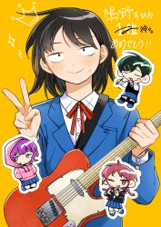 4girls absurdres black_hair black_jacket black_sweater_vest blazer blue_jacket blue_skirt blunt_bangs blush braid celebration chibi closed_eyes collared_shirt commentary_request drawn_crown dress_shirt electric_guitar fender_telecaster fujii_ayame full_body futsuu_no_keion-bu green_hair guitar guitar_strap hair_ornament hairpin hand_up hands_in_pockets hatono_chihiro head_tilt heart heart_hands heartbreak_(futsuu_no_keion-bu) highres holding holding_guitar holding_instrument hood hood_up hoodie instrument jacket jitome kouyama_rin lapels long_hair long_sleeves looking_at_viewer mole mole_under_eye multiple_girls neck_ribbon notched_lapels open_clothes open_jacket parted_bangs pink_hoodie pixie_cut pleated_skirt purple_eyes purple_hair red_hair red_ribbon ribbon rra_(yj) school_uniform shirt short_hair simple_background skirt smile sweater_vest twin_braids twintails u_u uchida_momo upper_body v white_shirt wing_collar wolf_cut yellow_background