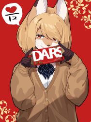 Rule 34 | 1girl, 30clock, animal ears, blonde hair, blue bow, blue bowtie, bow, bowtie, brown cardigan, candy, cardigan, chocolate, chocolate bar, claws, commentary, dars, food, fox ears, fox girl, furry, furry female, half-closed eyes, heart, highres, holding, holding candy, holding food, looking at viewer, original, red background, red eyes, shirt, smile, solo, symbol-only commentary, valentine, white shirt