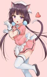 Rule 34 | 1girl, animal ears, apron, black hair, blend s, cat ears, cat tail, commentary request, from side, full body, gloves, highres, kemonomimi mode, long hair, looking at viewer, low twintails, maid, maid apron, maid headdress, open mouth, paw pose, pink background, pleated skirt, purple eyes, racchi., sakuranomiya maika, simple background, skirt, solo, standing, standing on one leg, tail, thighhighs, twintails, white gloves, white thighhighs, zettai ryouiki
