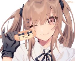 Rule 34 | 1girl, black gloves, brown eyes, brown hair, closed mouth, commentary request, doughnut, food, girls&#039; frontline, gloves, hair between eyes, holding, long hair, looking at viewer, moa (21energy12), one eye closed, simple background, solo, twintails, ump9 (girls&#039; frontline), white background
