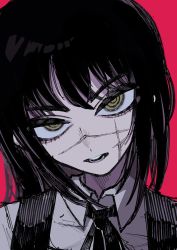 Rule 34 | 1girl, black hair, chainsaw man, chappii (paon gunsou), collar, collared shirt, cross scar, dress, facial scar, highres, looking at viewer, medium hair, open mouth, pinafore dress, red background, ringed eyes, scar, scar on cheek, scar on face, shirt, short hair, simple background, sleeveless, sleeveless dress, solo, teeth, upper body, white collar, yellow eyes, yoru (chainsaw man)