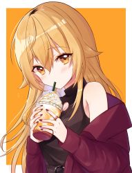 Rule 34 | 1girl, akuo 11, belt, blonde hair, blush, brown hair, cleavage cutout, clothing cutout, coat, cup, disposable cup, drink, drinking, drinking straw, drinking straw in mouth, hair flaps, highres, holding, holding cup, holding drink, ienaga mugi, jewelry, long hair, multicolored hair, nail polish, nijisanji, off shoulder, orange eyes, ring, roots (hair), shirt, sleeveless, sleeveless shirt, solo, two-tone hair, virtual youtuber, whipped cream