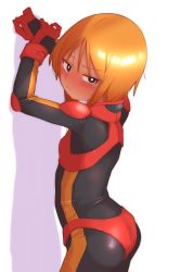 Rule 34 | 1girl, absurdres, arms up, ass, black bodysuit, black eyes, blush, bodysuit, commentary request, from behind, gloves, gundam, gundam zz, highres, looking at viewer, looking back, onimaru (onimal7802), orange hair, own hands together, panties, pilot suit, puru two, red gloves, red panties, short hair, simple background, skin tight, solo, thighs, underwear, white background