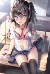Rule 34 | 1girl, ahoge, arm support, armband, bandaid, bandaid on face, bandaid on nose, bare shoulders, black hair, black skirt, black thighhighs, blush, bow, bow bra, bra, breasts, chair, clothes lift, collared shirt, commentary request, desk, dress shirt, fang, hair between eyes, hair ornament, hair ribbon, hairclip, highres, indoors, lifting own clothes, long hair, medium breasts, natuna natu, navel, off shoulder, on desk, one side up, open mouth, original, panties, pink bra, pink panties, pink ribbon, plaid, plaid skirt, pleated skirt, purple eyes, ribbon, safety pin, school chair, school desk, school uniform, shirt, short sleeves, sitting, skindentation, skirt, skirt lift, solo, star (symbol), star hair ornament, sweat, thighhighs, underwear, very long hair, white shirt