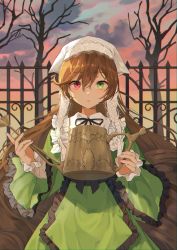 Rule 34 | 1girl, bad id, bad pixiv id, bare tree, black ribbon, bonnet, brown hair, clothing request, cloud, cloudy sky, day, dress, fence, frills, green dress, green eyes, heterochromia, highres, holding, holding watering can, long hair, long sleeves, looking at viewer, neck ribbon, parted lips, ppyono, puffy sleeves, red eyes, red sky, ribbon, rozen maiden, sky, solo, suiseiseki, tree, watering can, white headwear, wide sleeves