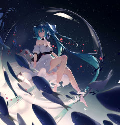 Rule 34 | 1girl, air bubble, antenna hair, aqua hair, back bow, bare legs, bare shoulders, barefoot, black bow, black choker, blue bow, blue eyes, bow, breasts, bubble, choker, cleavage, closed mouth, collarbone, detached sleeves, dress, fish, flower, full body, hair bow, hanamoto410, hatsune miku, highres, in bubble, invisible chair, long hair, petals, rose, short sleeves, sitting, small breasts, solo, strapless, strapless dress, twintails, underwater, very long hair, vocaloid, white dress, white flower, white rose