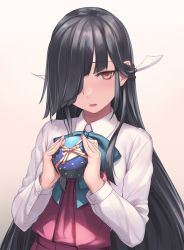Rule 34 | 1girl, black hair, bow, bowtie, box, brown eyes, dress, gift, gift box, gradient background, hair over one eye, hair ribbon, halterneck, hayashimo (kancolle), highres, hime cut, holding, holding gift, kantai collection, long hair, looking at viewer, ribbon, rokuwata tomoe, school uniform, shirt, solo, valentine, very long hair, white ribbon, white shirt