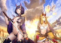 Rule 34 | 2girls, absurdres, aged up, alternate breast size, blonde hair, breasts, circle name, cleavage, closed mouth, cloud, cloudy sky, fate/grand order, fate (series), gloves, highres, holding, holding sheath, holding sword, holding weapon, horns, ibaraki douji (fate), joe (j studio), large breasts, long hair, looking at viewer, looking away, multiple girls, navel, outdoors, parted lips, purple eyes, red gloves, sheath, short hair, shuten douji (fate), sky, sunset, sword, tattoo, unsheathing, weapon, yellow eyes
